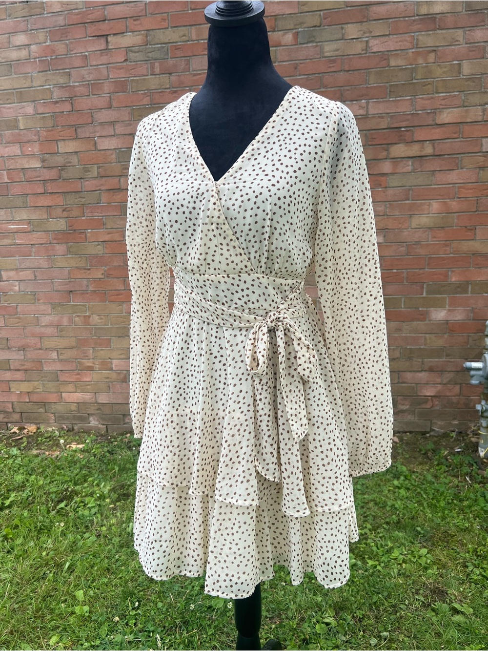 Cream Polka Dot Wrap Dress with Tie Waist